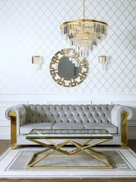 Cały zestaw z kryształowym kinkietem glamour nowoczesnym lampą ścienną złoty GLAMOUR XS w aranżacji wnętrza. Expozycja od PRIMAVERA HOME.