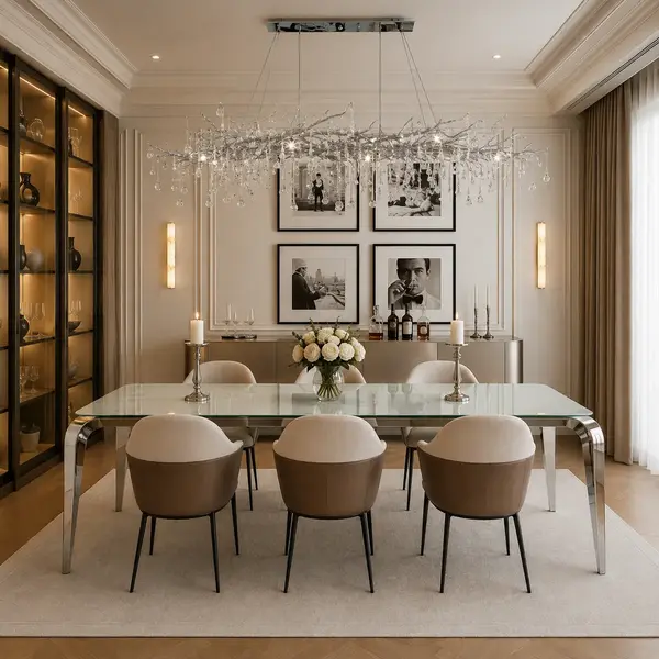 Designerski stół glamour ze szklanym blatem w ekspozycji w salonie. Meble na zamówienie od Primavera Home.