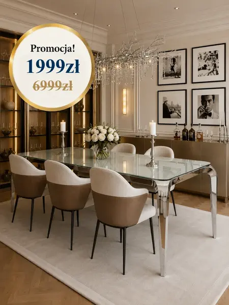 Designerski stół glamour ze szklanym blatem na tle roślin, dodający świeżości i elegancji. Meble na zamówienie od Primavera Home.