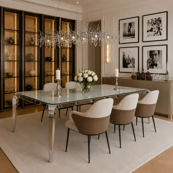 Widok z przodu designerskiego stołu glamour ze szklanym blatem. Aranżacja nowoczesnego wnętrza od Primavera Home.