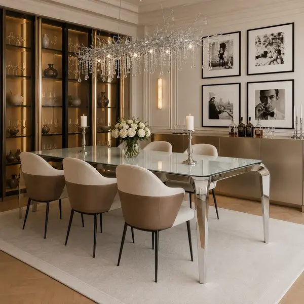 Zbliżenie na stalową konstrukcję designerskiego stołu glamour ze szklanym blatem. Meble na zamówienie od Primavera Home.