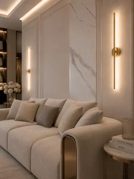 Kinkiet MODERN w aranżacji nowoczesnego salonu, podkreślający elegancję wnętrza. Oświetlenie na zamówienie od Primavera Home.