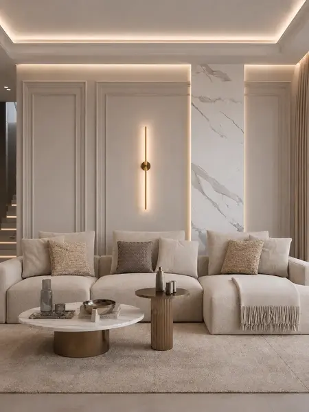 Złoty kinkiet MODERN wyeksponowany w showroomie, pokazujący jego wyjątkowy design. Oświetlenie od Primavera Home, które przyciąga wzrok.