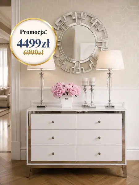 Komoda glamour lakierowana drewniana na stalowych nogach Lorenzo M Silver — aranżacja wnętrza. Meble na zamówienie od Primavera Home.
