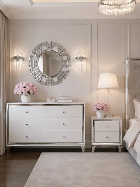 Aranżacja nowoczesnego wnętrza z komodą glamour lakierowaną drewnianą na stalowych nogach Lorenzo M Silver. Meble na zamówienie od PRIMAVERA HOME.