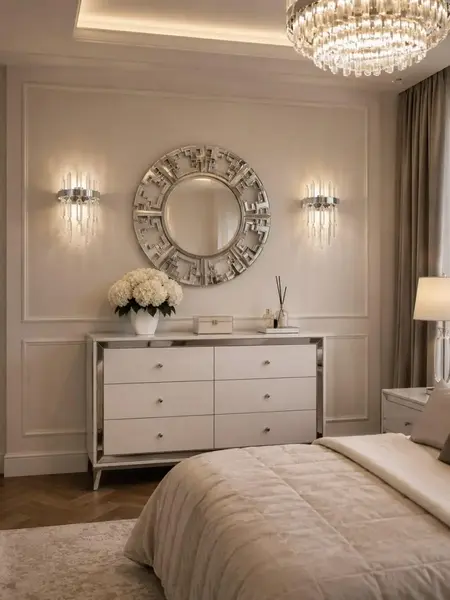 Komoda glamour lakierowana drewniana na stalowych nogach Lorenzo M Silver usytuowana w eleganckim salonie. Meble na zamówienie od PRIMAVERA HOME.