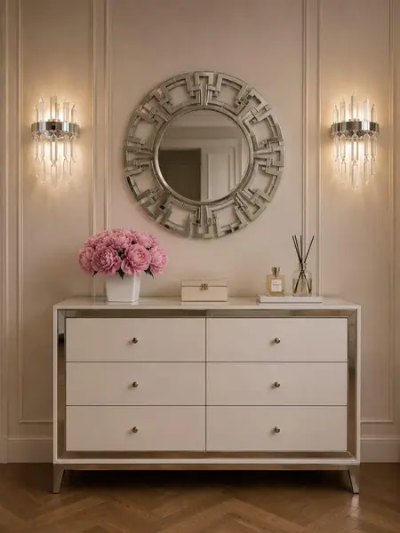 Zbliżenie na detal komody glamour lakierowanej drewnianej Lorenzo M Silver, ukazujące wysokiej jakości lakier. Meble na zamówienie od PRIMAVERA HOME.