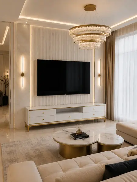 Aranżacja salonu z komodą RTV oraz telewizorem, idealna do relaksu, od Primavera Home.