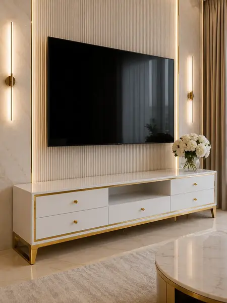 Zbliżenie na złote elementy komody RTV, podkreślające glamour styl, od Primavera Home.