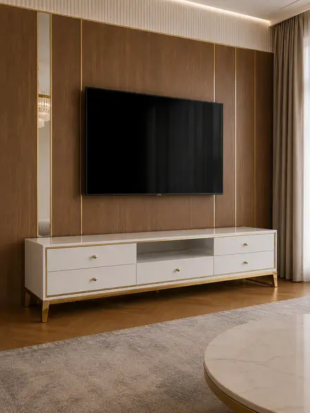 Szczegółowe ujęcie wykończenia komody RTV, podkreślające elegancję, od Primavera Home.