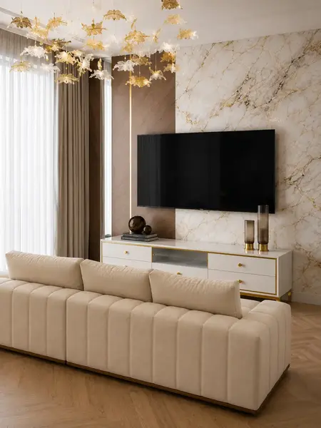 Prezentacja komody RTV w showroomie, ukazująca jej luksusowy design od Primavera Home.