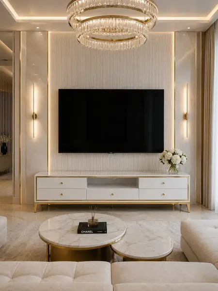 Perspektywa na komodę RTV, podkreślająca jej elegancki design, od Primavera Home.