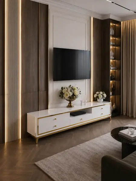 Widok z góry na komodę RTV, ujawniający jej eleganckie proporcje od Primavera Home.
