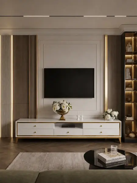 Komoda RTV w pełnej okazałości, w zestawieniu z żywymi kolorami wnętrza od Primavera Home.