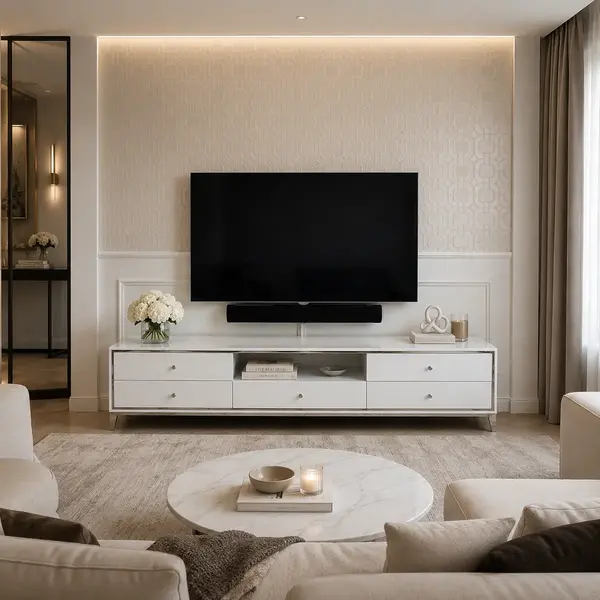 Ekspozycja komody RTV glamour wysoki połysk biało srebrna Lorenzo L Silver w nowoczesnym salonie. Meble na zamówienie od PRIMAVERA HOME.