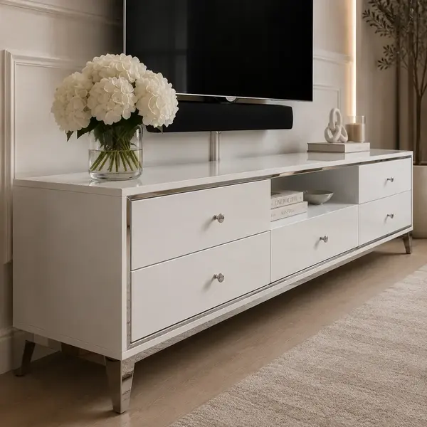 Detal wykończenia komody RTV glamour wysoki połysk biało srebrna Lorenzo L Silver. Meble na zamówienie od PRIMAVERA HOME.