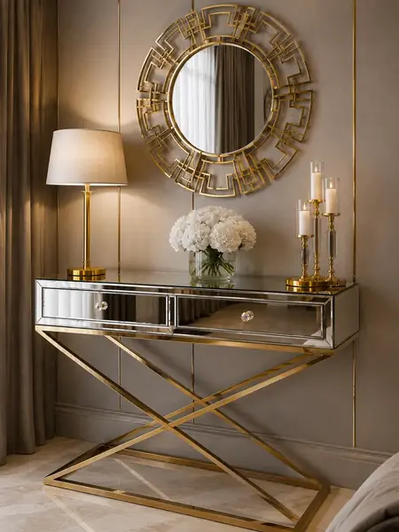 Detale wykończenia konsoli lustrzanej CHICAGO GOLD glamour stalowa złota, podkreślające jakość wykonania. Ekspozycja w salonie Primavera Home.