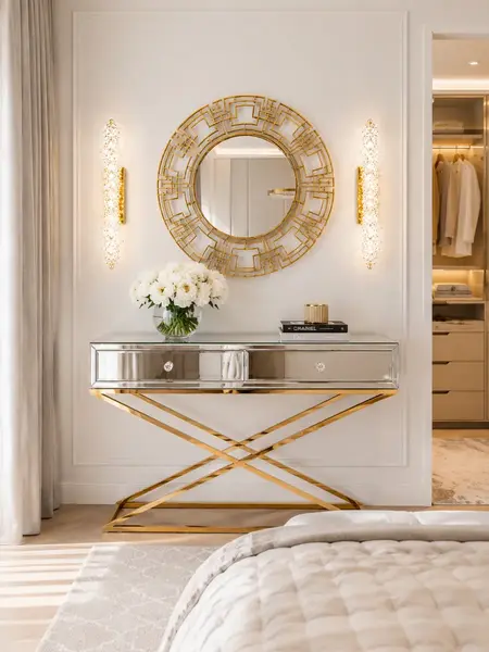Konsola lustrzana CHICAGO GOLD glamour stalowa złota eksponowana w showroomie. Meble na zamówienie od Primavera Home.