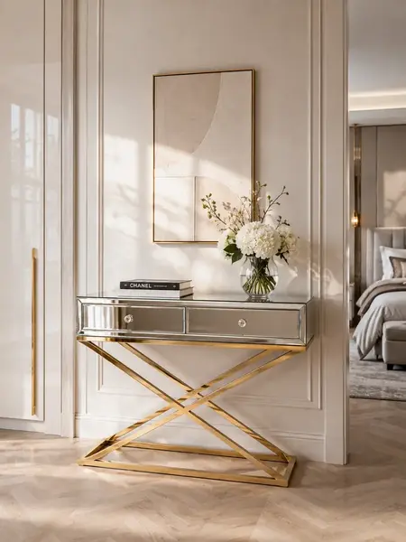 Perspektywa ukazująca konsolę lustrzaną CHICAGO GOLD glamour stalową złotą w eleganckim otoczeniu. Meble na zamówienie od Primavera Home.