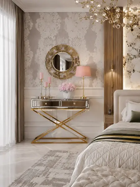 Konsola lustrzana CHICAGO GOLD glamour stalowa złota w jasnym wnętrzu, podkreślająca nowoczesny styl. Aranżacja nowoczesnego wnętrza od Primavera Home.