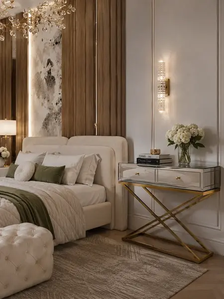 Konsola lustrzana CHICAGO GOLD glamour stalowa złota widziana z boku, idealna do nowoczesnych wnętrz. Meble na zamówienie od Primavera Home.