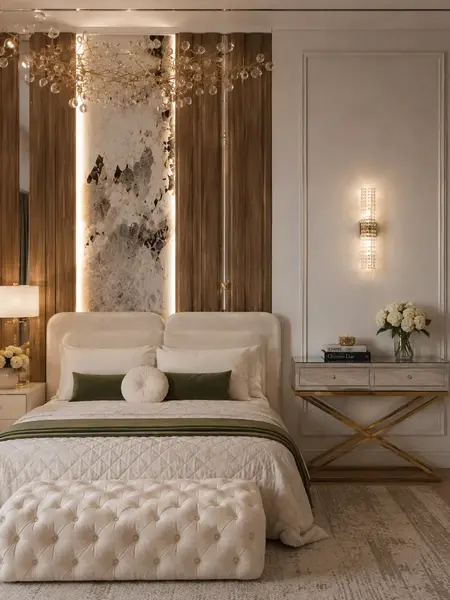 Zbliżenie na konsolę lustrzaną CHICAGO GOLD glamour stalową złotą, eksponującą jej elegancki design. Aranżacja nowoczesnego wnętrza od Primavera Home.