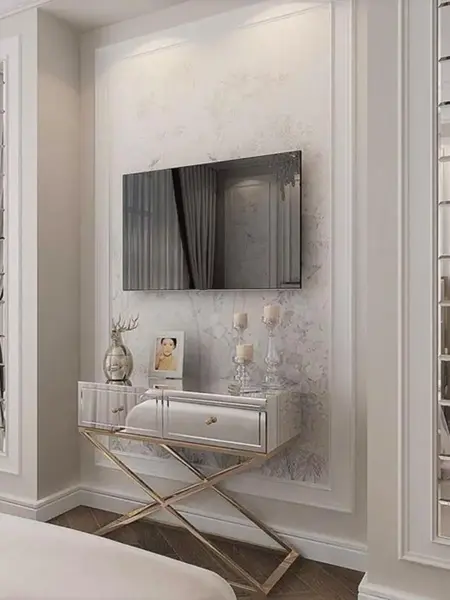 Konsola lustrzana CHICAGO GOLD glamour stalowa złota — aranżacja wnętrza. Primavera Home.