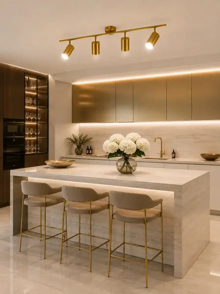 Lampa glamour, złota, sufitowa, designerska, ekskluzywna, cztery punkty świetlne MODERN 4 widoczna z boku, doskonale komponująca się z nowoczesnym wnętrzem. Projekt od Primavera Home.