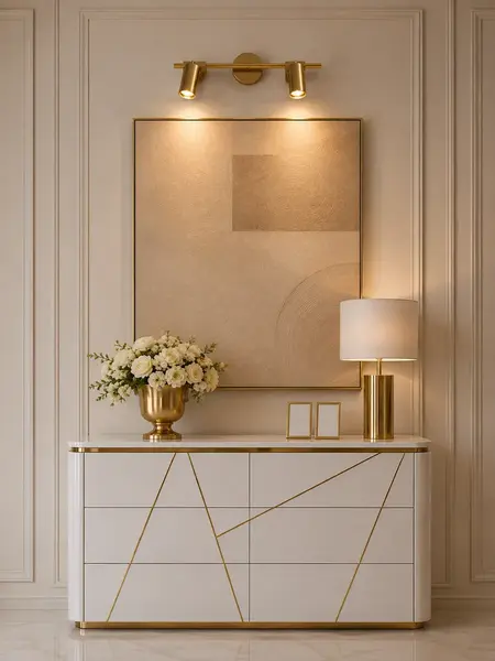 Lampa glamour, złota, sufitowa, designerska, ekskluzywna, dwa punkty świetlne MODERN 2 w ekspozycji w salonie. Meble na zamówienie od Primavera Home.