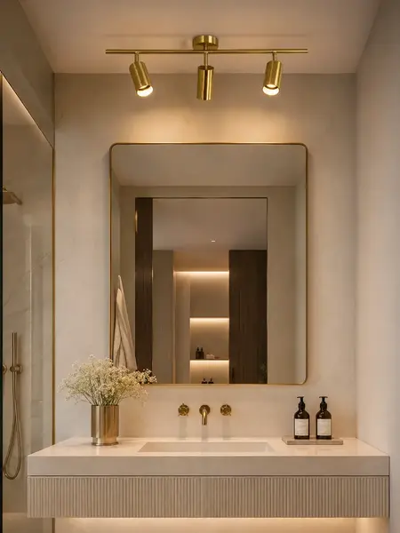 Nowoczesna lampa złota w ujęciu z perspektywy, idealna do eleganckiego wnętrza. Oświetlenie od Primavera Home.