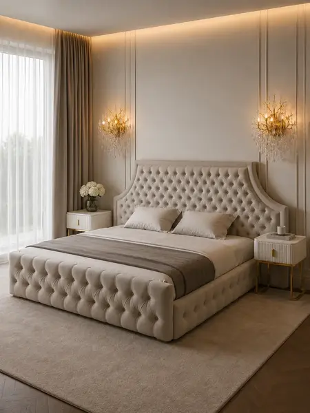 Łóżko glamour tapicerowane w pełnej aranżacji nowoczesnego salonu, prezentujące niepowtarzalny styl. Oświetlenie na zamówienie od Primavera Home.