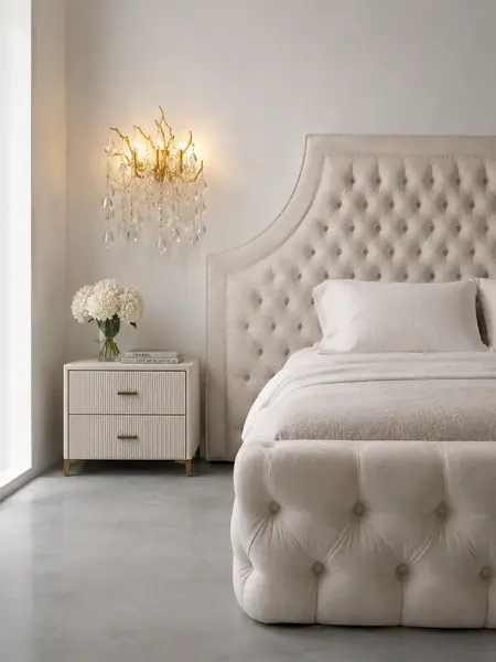 Łóżko glamour tapicerowane pikowane w ekspozycji showroomowej, prezentujące swoje wyjątkowe cechy. Oświetlenie na zamówienie od Primavera Home.
