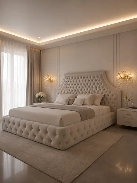 Perspektywiczne ujęcie łóżka glamour tapicerowanego, które doskonale wpisuje się w nowoczesne wnętrze. Oświetlenie na zamówienie od Primavera Home.