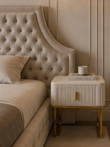 Zbliżenie na wysokie wezgłowie łóżka glamour tapicerowanego, doskonale podkreślające jego styl. Oświetlenie na zamówienie od Primavera Home.