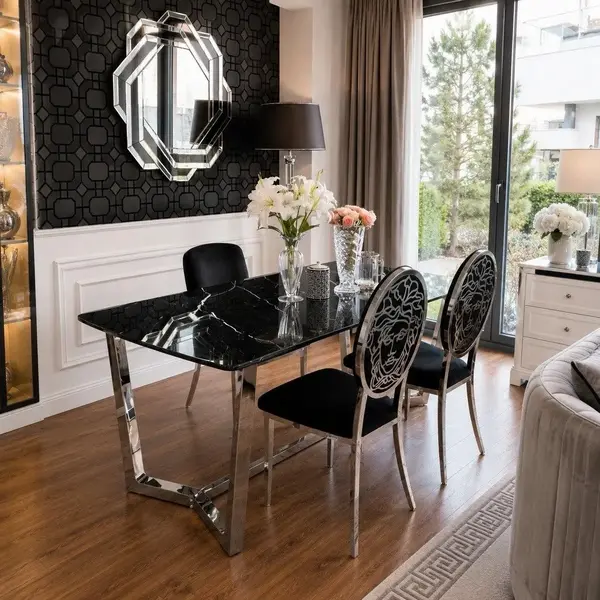 Ekskluzywny stół stalowy KENT w aranżacji eleganckiej jadalni. Meble na zamówienie od Primavera Home.