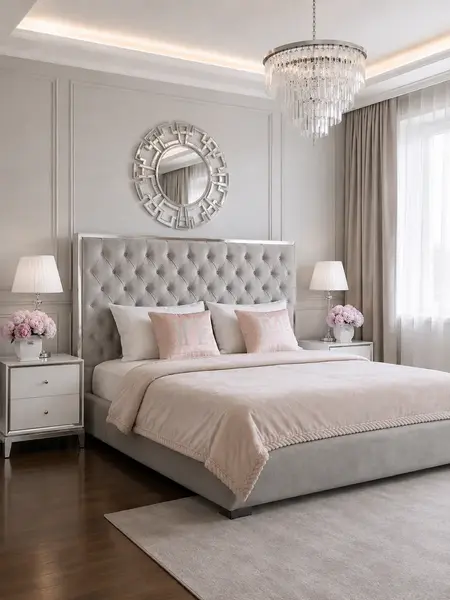 Estetyka nowoczesna Szafki Nocnej Glamour Lorenzo Biała Srebrna Połysk w eleganckim wnętrzu. Meble na zamówienie od Primavera Home.