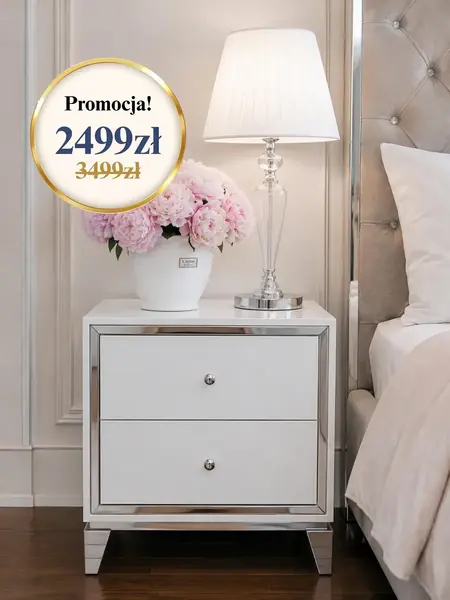 Szafka Nocna Glamour Lorenzo Biała Srebrna Połysk w jasnym wnętrzu dopełniającym elegancję. Meble na zamówienie od Primavera Home.