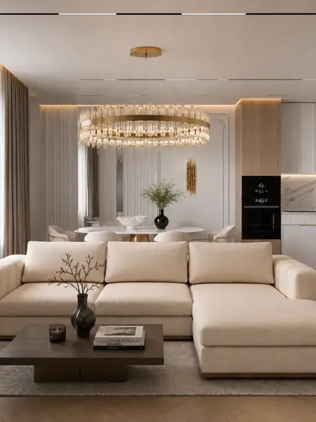 Żyrandol Kryształowy Bulgari Złoty w oryginalnej aranżacji, idealny do eleganckich przestrzeni. Meble na zamówienie od Primavera Home.