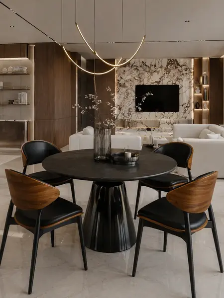 Designerskie Krzesło Wing – Drewno i Czarny Stelaż w komplecie z innymi meblami. Aranżacja nowoczesnego wnętrza od Primavera Home.
