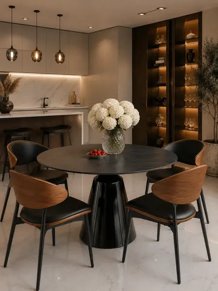 Designerskie Krzesło Wing – Drewno i Czarny Stelaż w showroomie. Detal wykończenia od Primavera Home.