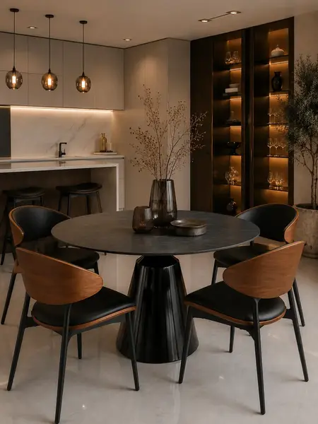 Designerskie Krzesło Wing – Drewno i Czarny Stelaż ujęcie w perspektywie. Ekspozycja w salonie od Primavera Home.