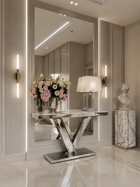 Konsola glamour srebrna, nowoczesna, blat biały marmur, do przedpokoju LV COLLECTION OUTLET w aranżacji nowoczesnego przedpokoju. Ekspozycja w salonie od Primavera Home.