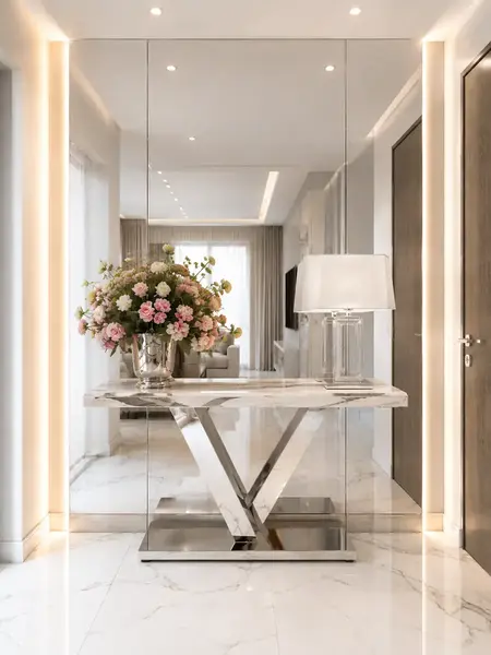 Konsola glamour srebrna, nowoczesna, blat biały marmur, do przedpokoju LV COLLECTION OUTLET przedstawiona z boku. Ekspozycja w salonie od Primavera Home.