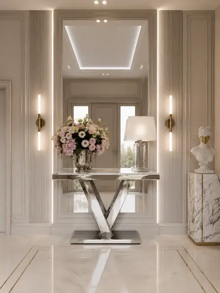 Konsola glamour srebrna, nowoczesna, blat biały marmur, do przedpokoju LV COLLECTION OUTLET w zbliżeniu, eksponująca teksturę materiałów. Aranżacja nowoczesnego wnętrza od Primavera Home.
