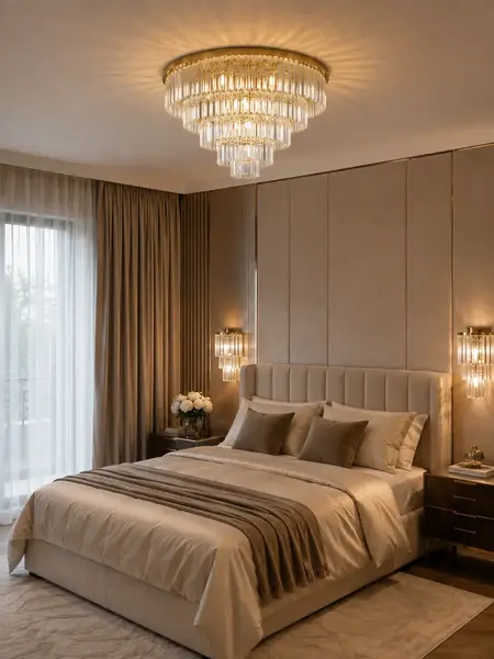 Kryształowy żyrandol przysufitowy glamour plafon nowoczesny złoty GLAMOUR w aranżacji nowoczesnego salonu. Detal wykończenia od Primavera Home.