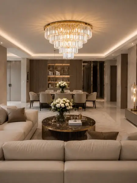 Cały zestaw kryształowego żyrandola przysufitowego glamour plafon nowoczesny złoty GLAMOUR w aranżacji. Ekspozycja w salonie od Primavera Home.