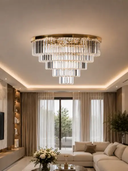 Detal wykończenia kryształowego żyrandola przysufitowego glamour plafon nowoczesny złoty GLAMOUR, ukazujący staranność wykonania. Meble na zamówienie od Primavera Home.