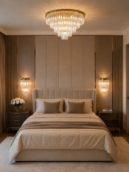 Ekspozycja kryształowego żyrandola przysufitowego glamour plafon nowoczesny złoty GLAMOUR w showroomie. Meble na zamówienie od Primavera Home.