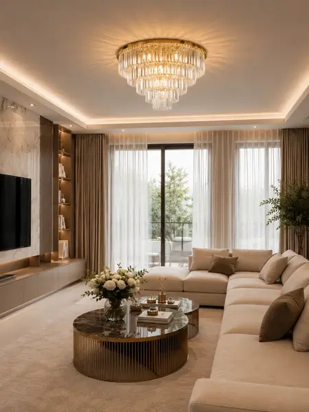 Kryształowy żyrandol przysufitowy glamour plafon nowoczesny złoty GLAMOUR w perspektywie. Aranżacja nowoczesnego wnętrza od Primavera Home.