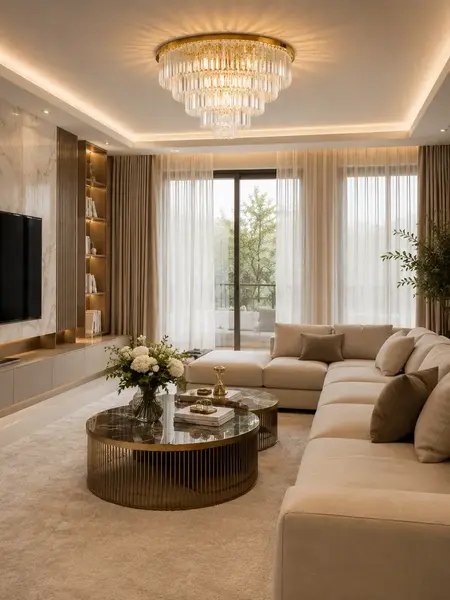Zbliżenie na kryształowy żyrandol przysufitowy glamour plafon nowoczesny złoty GLAMOUR, uwydatniające jego blask. Ekspozycja w salonie od Primavera Home.